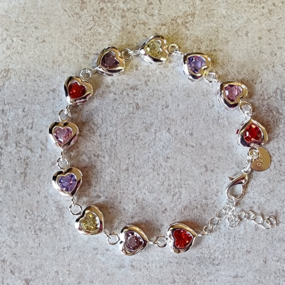 Beautiful New 925 stamped Silver plated multi colored heart bracelet